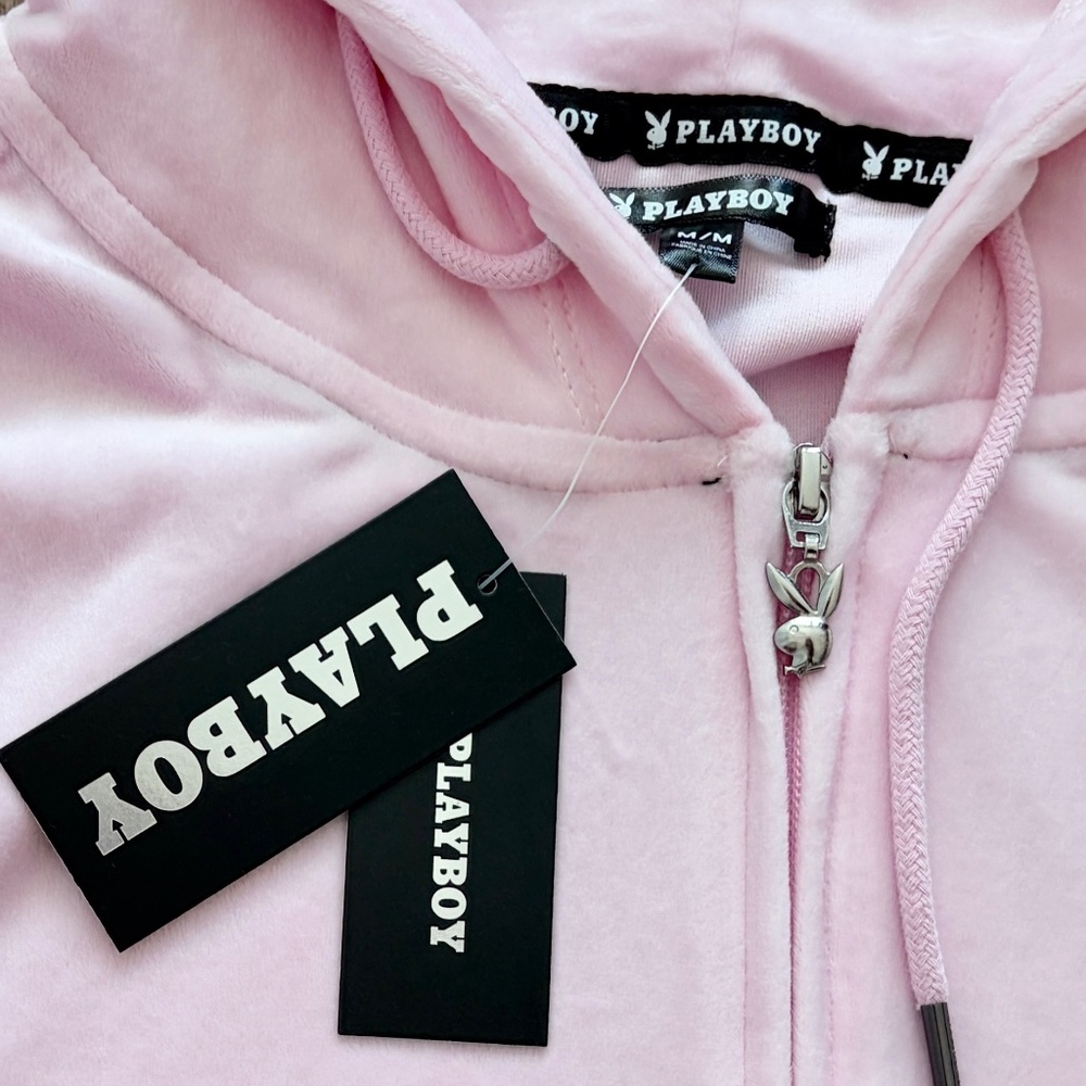 Playboy, Zip Up, Hoodie, Pink, Rhinestone, Velour, Loungewear, Size M, NEW - Picture 13 of 16